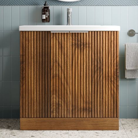 Fluted 800mm Bathroom Vanity Unit Basin Floorstanding Cupboard Soft Close Walnut (1/5)
