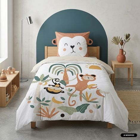 sweeek - Parure de lit microfibre réversible imprimé singe 1 place 140x200cm - Arthur