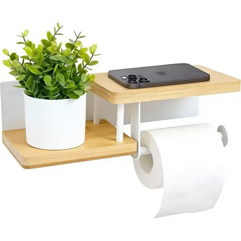 Wandmontierter Toilettenpapierhalter aus Bambusholz [Kein Bohren erforderlich]  Hochwertiger Toilettenpapierspender mit Ablagen  Weiß  Toilettenpapierrollenhalter (1/4)