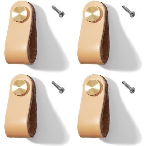 Set di 4 maniglie in pelle per mobili da cucina e armadi (beige, foro singolo)