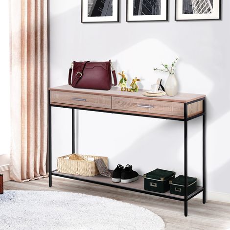 Consolle per ingresso con cassetti e struttura in acciaio per corridoio, 120x30x81,5 cm, rovere