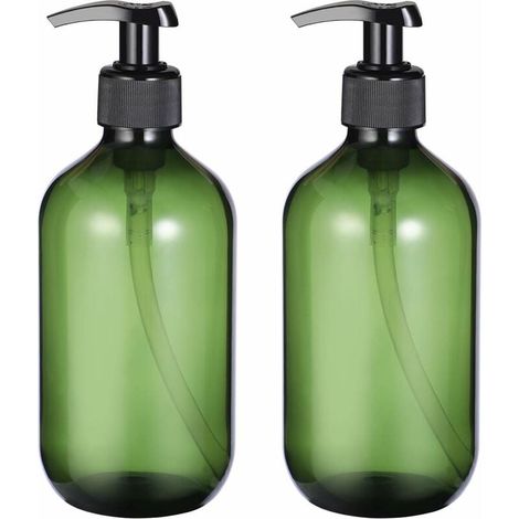 Lot de 2 flacons pompe 500 ml, récipient opaque vert foncé, pour shampoing, savon liquide, salle de bain, voyage (1/5)