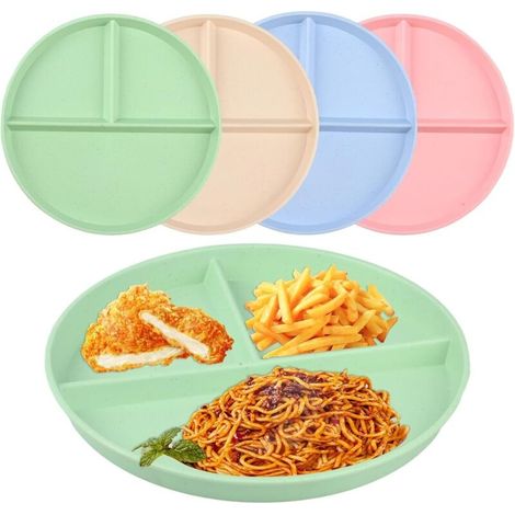 4 Pcs Assiette Compartiment Adulte, 22,5 cm Assiette Plate 3 Compartiments, Assiette Regime Minceur à Collation, Assiettes Divisées, Micro-ondes et Lave-vaisselle (1/5)