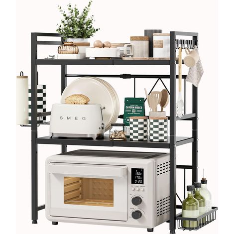 Expandable Microwave Shelf, 3-Tier Microwave Stand with Metal Spice Basket, Kitchen Roll Holder & 8 Hooks (1/5)