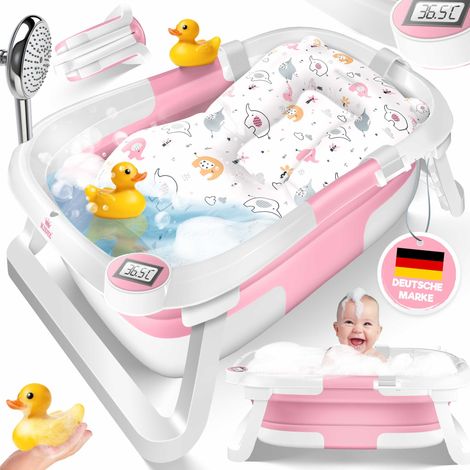 KIDIZ® Baby Badewanne  Babywanne platzsparend & faltbar  Badebecken Duschwanne für Neugeborene Kleinkinder 0-24 Monate  Reisedusche tragbar für Babys  mit Thermostat & Kissen - Rosa