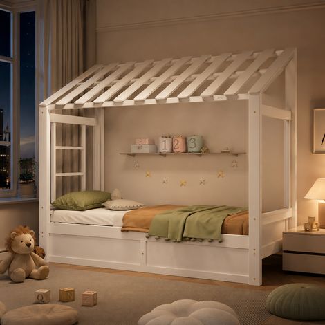 Lit cabane enfant 90x200cm avec rangement hydraulique,toit et fenêtre,lit coffre avec étagères latérales,métal,contreplaqué et MDF, blanc (1/5)