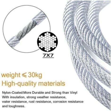 Kit cavo in acciaio inox, cavo in acciaio da 2 mm + occhiello a vite + tenditore per cavo in acciaio inox + vite, sospensione per stendibiancheria con cavo in acciaio rivestito in PVC per tende, ringh (1/4)