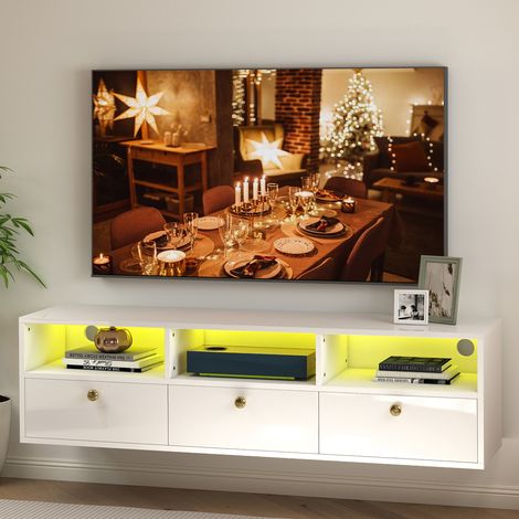 White Floating TV Unit 130CM, Wall Mounted TV Cabinet with RGB LED Lights, Open Shelves and 3 Doors, Matt Body High Gloss Doors Media Wall Unit with Gold Knobs for Living Room