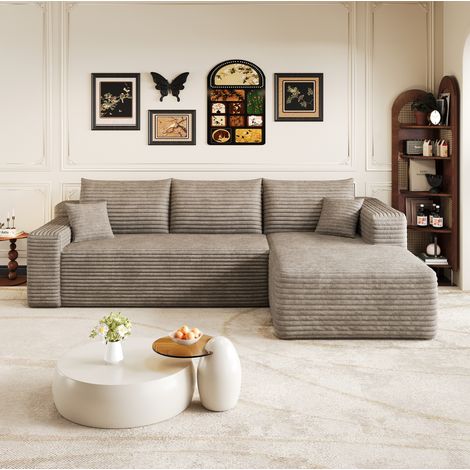 Canapé d'angle 241 cm en velours côtelé, assise profonde, design moderne, canapé rembourré sans montage pour salon, camel-méridienne gauche