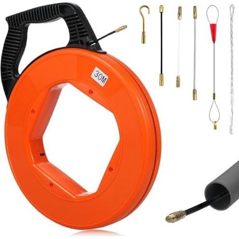 30 m langes Elektriker-Einziehband, 4 mm Kabeleinzieher, mit 6 Adaptern für Drähte und Kabel, Kunststoffgehäuse und Griff, für Elektroarbeiten, biegefest (1/5)