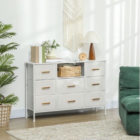 Comò in poliestere crema bianco con 8 cassetti, presa integrata e struttura in acciaio, 110 x 30 x 76 cm (1/5)