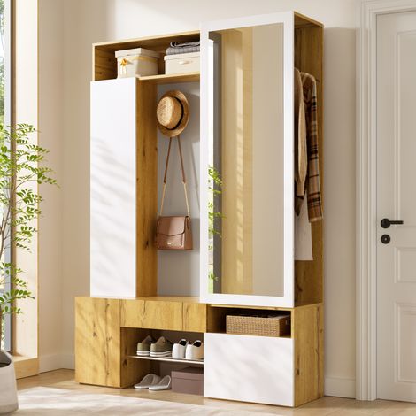 Armoire en MDF avec miroir, meuble à chaussures, armoire d'entrée, armoire avec tringle et crochets, mobilier de rangement (1/5)