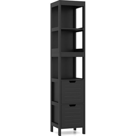 Bathroom Tall Cabinet, Black MDF, 2 Drawers, 3 Shelves (1/5)