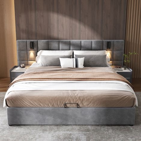 Lit coffre 160x200 en velours gris avec liseuse orientable USB et tête de lit large (1/5)