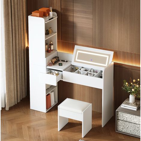 Coiffeuse avec miroir LED rabattable et USB, 131 x 40 x 160 cm, blanche avec tabouret (1/5)