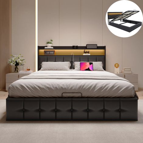 Lit Coffre Capitonné 160×200 cm 2 Personnes avec tête de lit Rangement,Ports de Recharge USB et Type-C,LED,Sommier à Lattes,PU Noir (1/5)