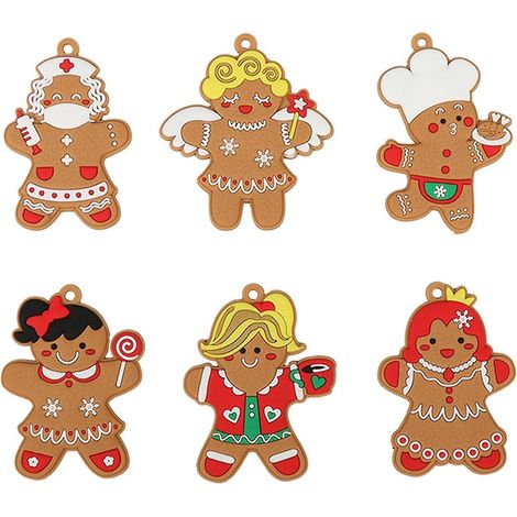 Lot de 6 décorations assorties en forme de bonhomme en pain d'épice, figurines en plastique pour sapin de Noël (1/5)
