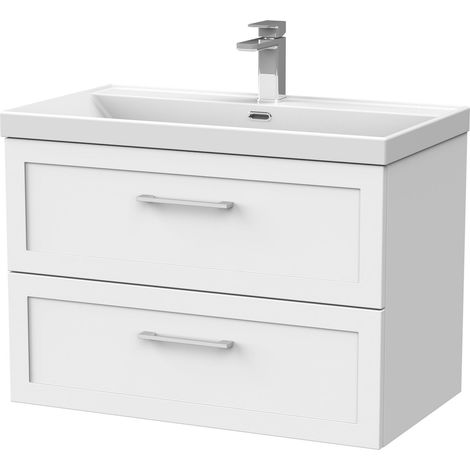 Stonnall Traditional Wall Hung 2 Drawers Vanity Unit with Thin-Edge Ceramic Basin, 800mm, Matt White (1/4)