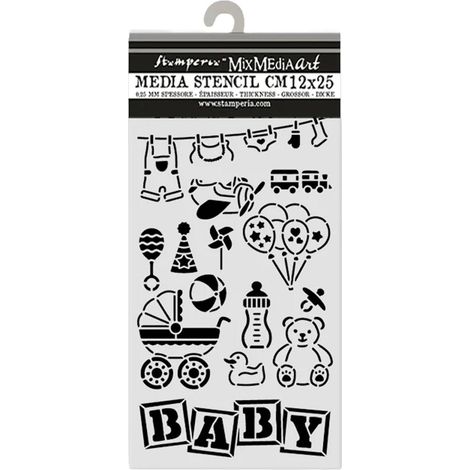 Thick Stencil for Scrapbooks, Albums, Cards, Bullet Journals, Flexible Material, Easy to Clean, for Crafts and Gifting (Baby, Elements) (1/2)