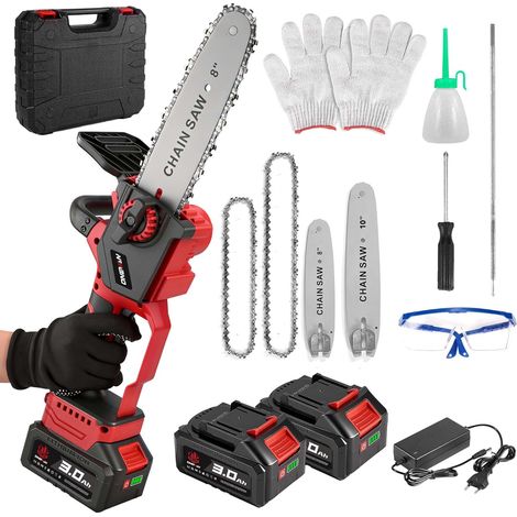 Tronçonneuse sans fil, 8 et 10 pouces, graissage automatique Con 2x 3.0Ah batteries, diamètre de coupe 20cm, brushless vitesse de coupe de 10m/s, remplacement du guide-chaîne sans outil (1/5)