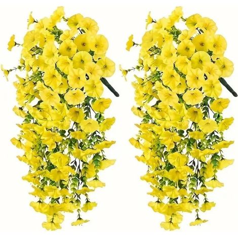 Fleurs artificielles suspendues jaune lot de2 UV résistante 75cm pétunia iris matin jardin balcon mariage extérieur (1/5)