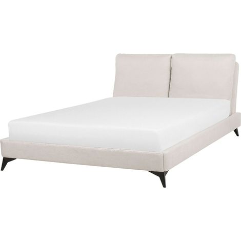 Lit Double en Tissu Chenille Beige 140 x 200 cm avec Haute Tête de Lit Confortable au Style Glamour pour Chambre Moderne ou Classique Beliani (1/5)