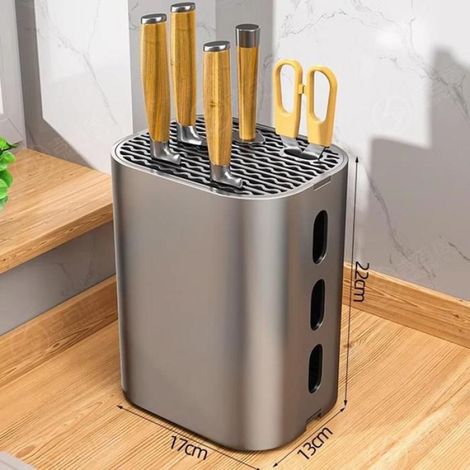 Porte-couteaux de cuisine multifonction - Aluminium et PP - Antirouille - Rangement ventilé pour couteaux et accessoires - Gris (1/5)