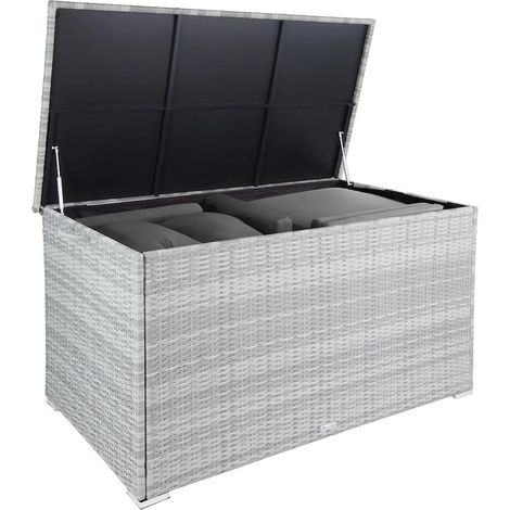 Très GRAND Coffre de jardin Gris clair en rotin synthétique 145cm 750 L (1/5)