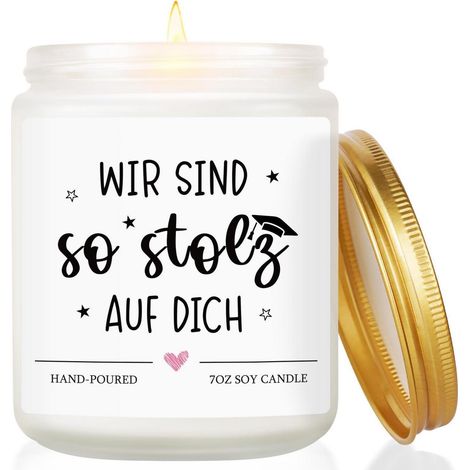 Duftkerze "Wir sind so stolz auf dich" Lavendel Sojawachs Geschenk Bachelor Abschluss