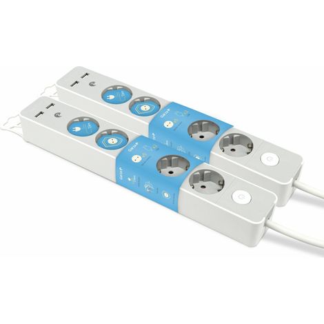Garza -Pack 2  Regleta Design Gris con Interruptor, 5 Tomas + 2 USBs, Cable 1.4 m, Enchufe Plano, Protección Infantil