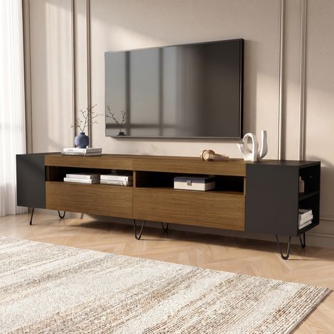Meuble TV 180x36x43cm avec 2 Portes et Compartiments Ouverts en Bois Style Moderne Noir et Bois (1/5)