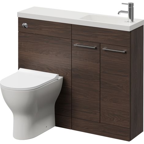 Napoli 250 Brown Oak 1000mm 2 Door Vanity Unit Toilet Suite with Round Silvo Basin - 1000mm - Chrome 160mm HandleWith Jubilee Toilet Pan and Seat