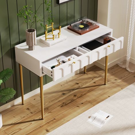 Schminktisch mit 2 Schubladen und Metallfüßen, platzsparende Schubladenkommode für Schlafzimmer, Creme-Weiß, B100 x T45 x H76,5 cm (1/5)