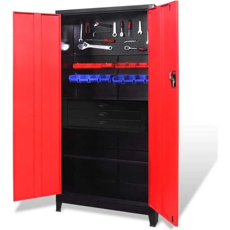 Une armoire en acier avec une boîte à outils, 90x40x180 cm, rouge et noire.