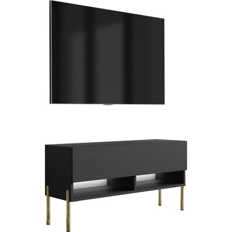 Meuble TV 100 cm Blanc Mat, pieds droits noirs, 100 × 32 × 52 cm (1/5)