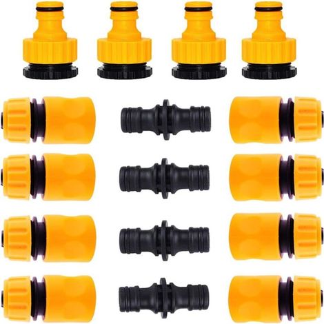 Set di 16 raccordi per tubi da giardino, 8 raccordi per tubi a innesto rapido da 1/2", 4 connettori doppi e 4 connettori da 3/4", raccordi per tubi da giardino in plastica (1/4)