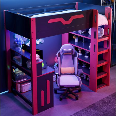 Letto a soppalco in MDF e compensato nero e rosso, 90x200 cm, con scrivania, contenitore e illuminazione a LED. (1/5)