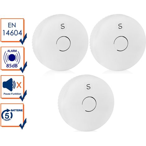 3er Set Rauchmelder mit 5 Jahres Batterie, 85dB Alarmton, Weiß, Ø 10cm (1/5)