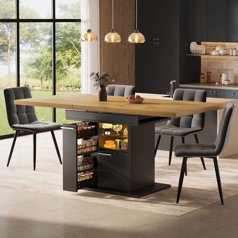 Table à manger extensible 110-140x80 cm pour 4 à 6 personnes, rangement intégré, étagères en verre et LED multicolore, noir et bois naturel (1/4)