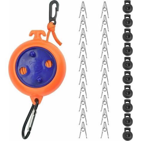 Corde à linge rétractable d'extérieur 8 m Corde à linge portable Corde à linge de camping Enrouleur extensible Corde à linge avec 10 boucles fixes et 20 clips pour voyage Balcon Jardin (Orange) (1/5)