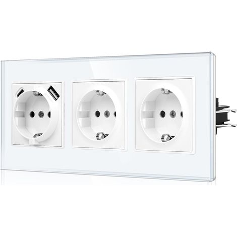 Triple prise USB avec griffes - Prise Schuko en verre encastrée avec port USB - 1 × (type C et USB-A max. 2,1 A) - Prise murale triple blanche avec sécurité enfant (1/5)