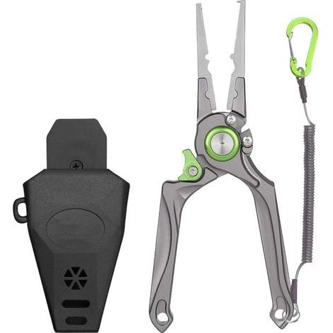 Alicates de pesca multifuncionales, plegables, inoxidables, de diseño ergonómico, fabricados en aleación de aluminio, color gris/verde. (1/5)