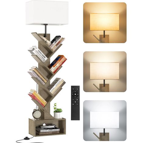 Petite Bibliothèque Arbre en Bois sur Pied avec Éclairage, Étagère à 6 Niveaux avec Télécommande et Minuteur, Meuble d’Angle pour Livres, CD et DVD, pour Salon, Chambre, Bureau (Grey) (1/5)