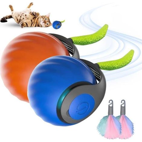 Balle jouet pour chat avec queue en peluche, jouet intelligent pour chat d'intérieur (bleu + orange) (1/5)