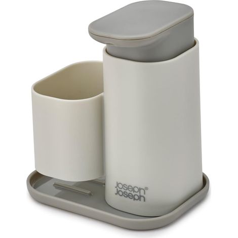 Dispensador de Jabón con Portaesponja Joseph Joseph Duo, para Organizar Fregadero, Plástico Resistente, Diseño Compacto, Portaesponja Integrado, Color Gris Moderno.