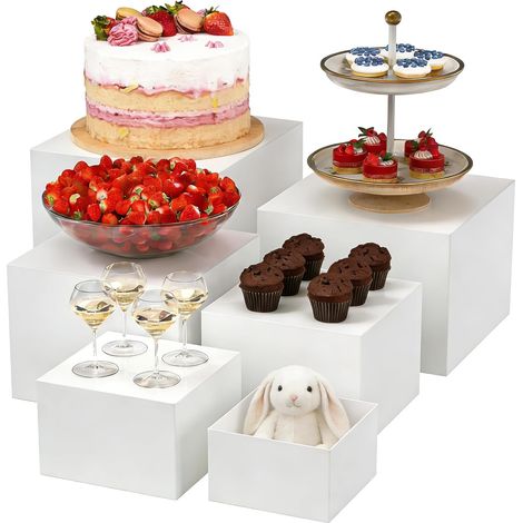 6 Pcs White Plastic Dessert Stands Buffet Display Stands - 5 Sided Stackable Display Cubes for Pastry, Decoration, Shop (6 Different Sizes)