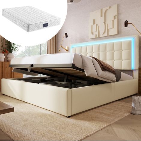 CHICFURN Cama doble 140x200 cm en polipiel blanca con LED, almacenaje y colchón (1/5)