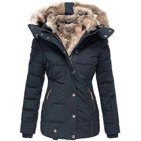 Warme Damen-Winterjacke mit Pelzkragen, Reißverschluss, langen Ärmeln, taillierter Passform und Kapuze (XL blau)