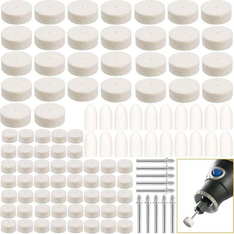 110 tampons de polissage en feutre de laine avec tiges de 1/8 de pouce, adaptés au perçage des plastiques, du verre, des métaux et des bijoux. (1/5)