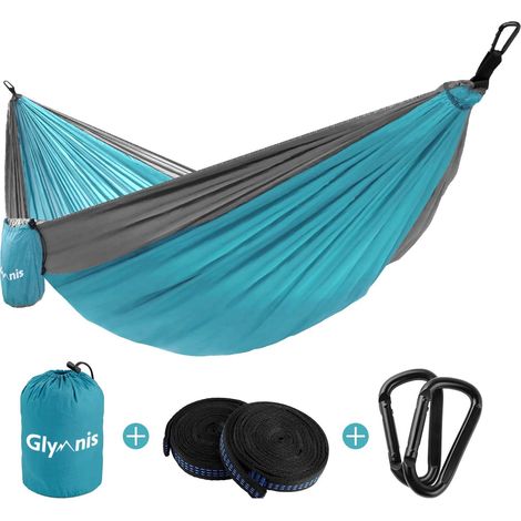 Hamac en nylon ultraléger Glymnis, capacité de charge 300 kg, 300 x 200 cm, avec 2 sangles en nylon et 2 mousquetons (camping, voyage, extérieur, jardin) – Bleu (1/5)